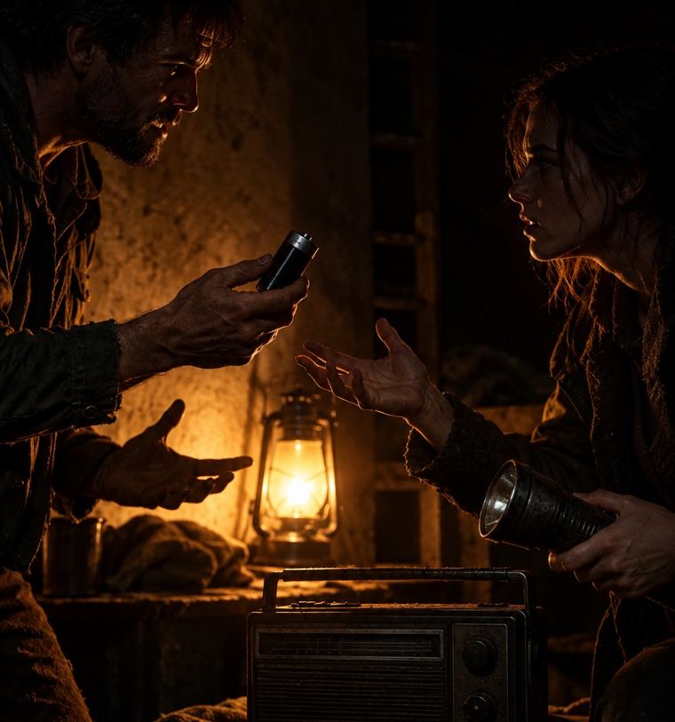 Duas personagens dividem uma lanterna ao lado de um rádio
