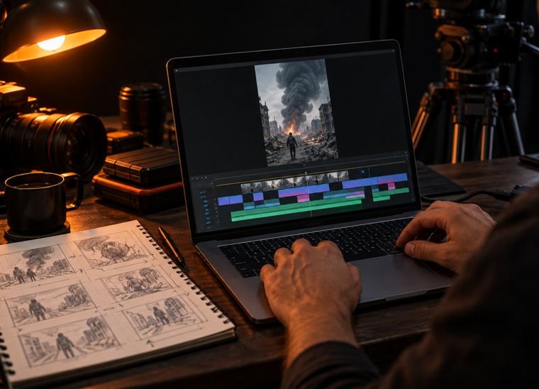 Notebook com linha do tempo de edição e storyboard ao lado